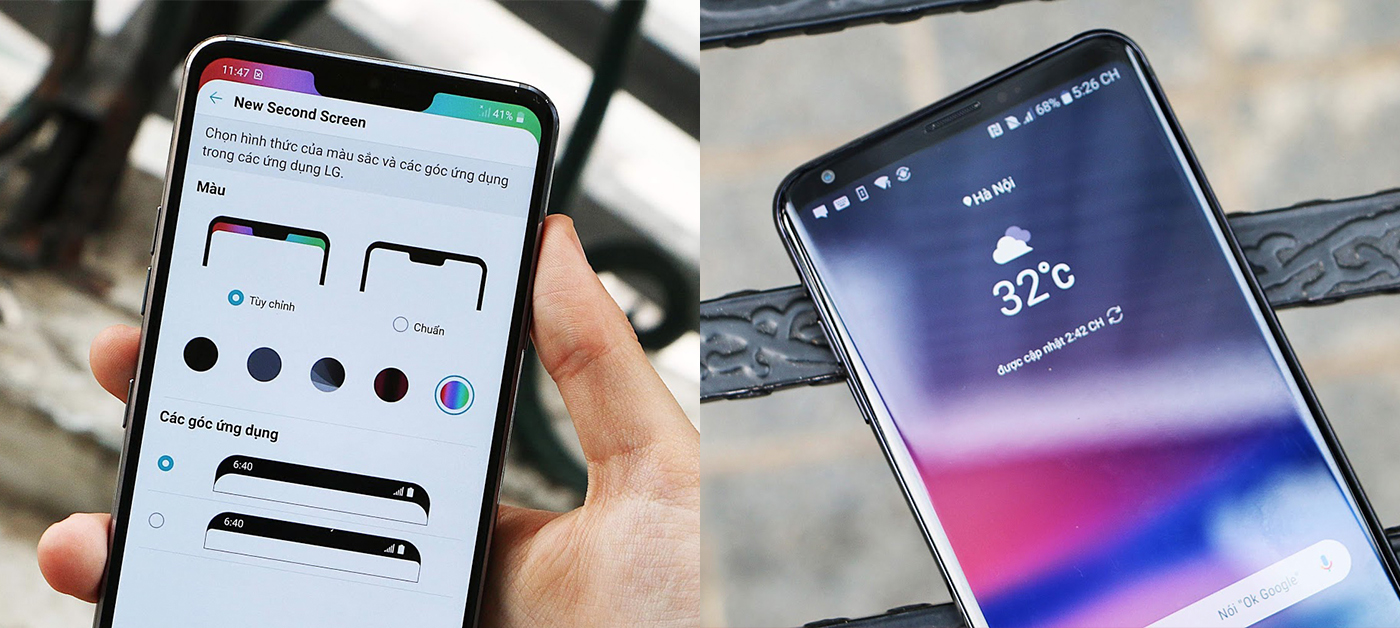"Tai thỏ" tùy chỉnh trên G7 (trái) và màn tràn viền của V30 (phải)