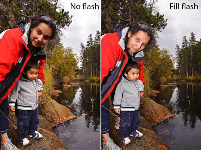 Chụp flash vào ban ngày để cân bằng ánh sáng (trái: không flash, phải: có flash)