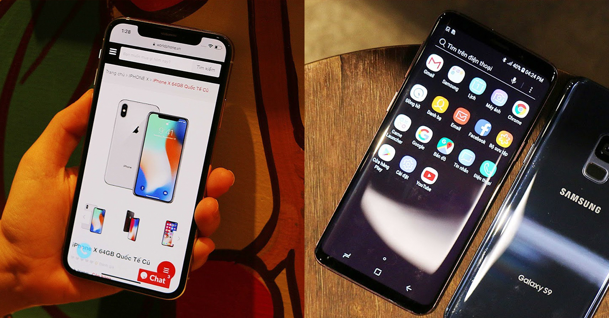 Màn hình OLED của iPhone X (trái) và AMOLED của Galaxy S9 (phải)