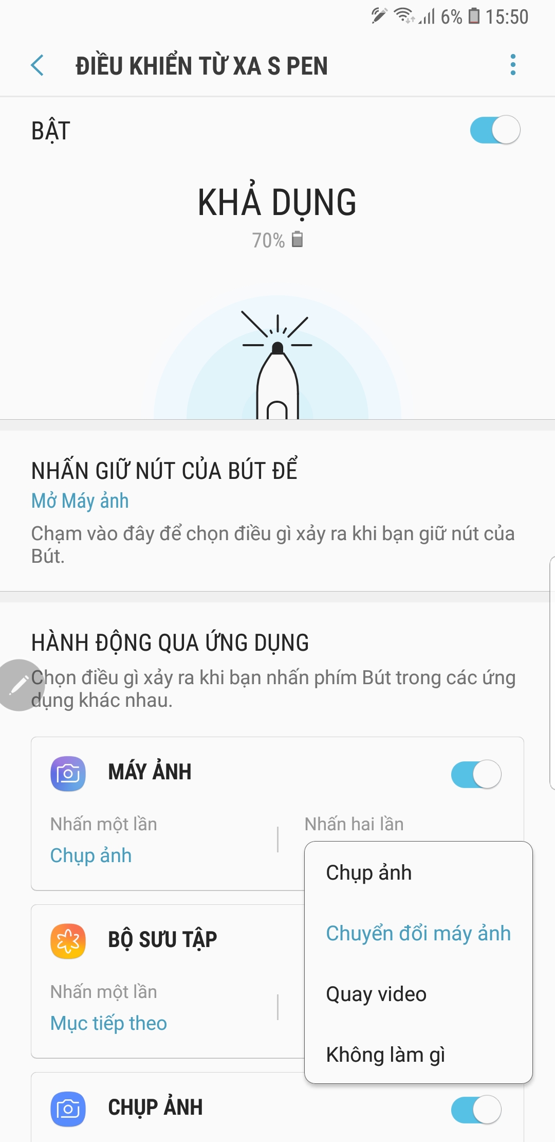 Tính năng Bluetooth giúp S Pen dễ dàng thao tác mở camera và chụp ảnh