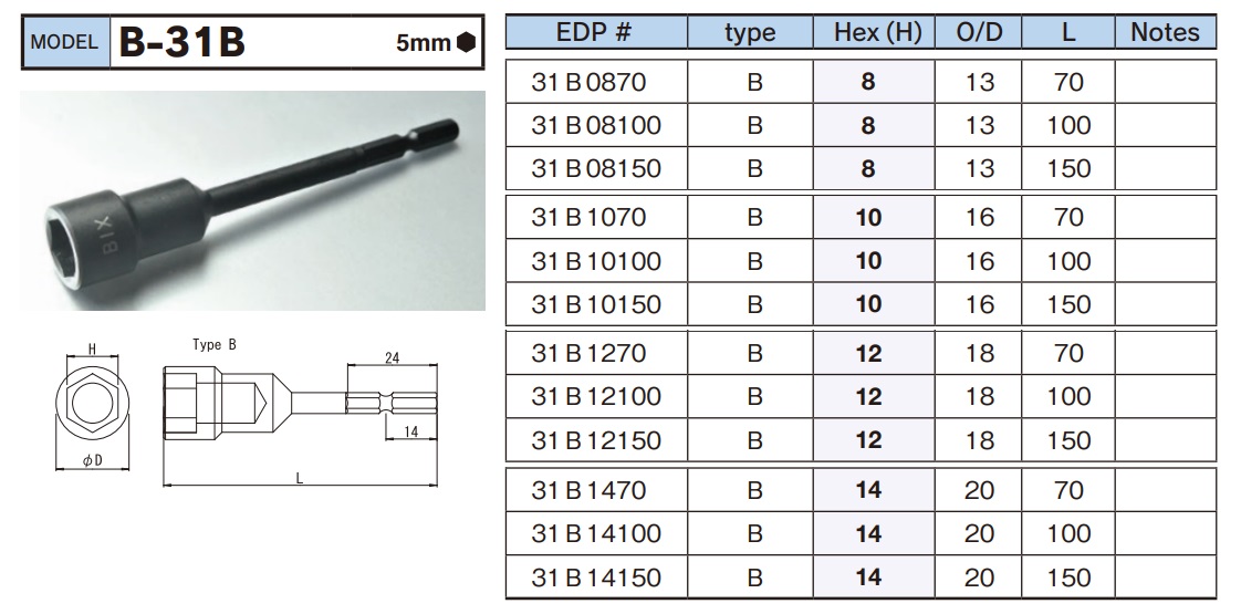 Mũi vặn ốc BiX, BiX b-31B, cỡ 8 đến 14mm, đuôi lục giác 5mm