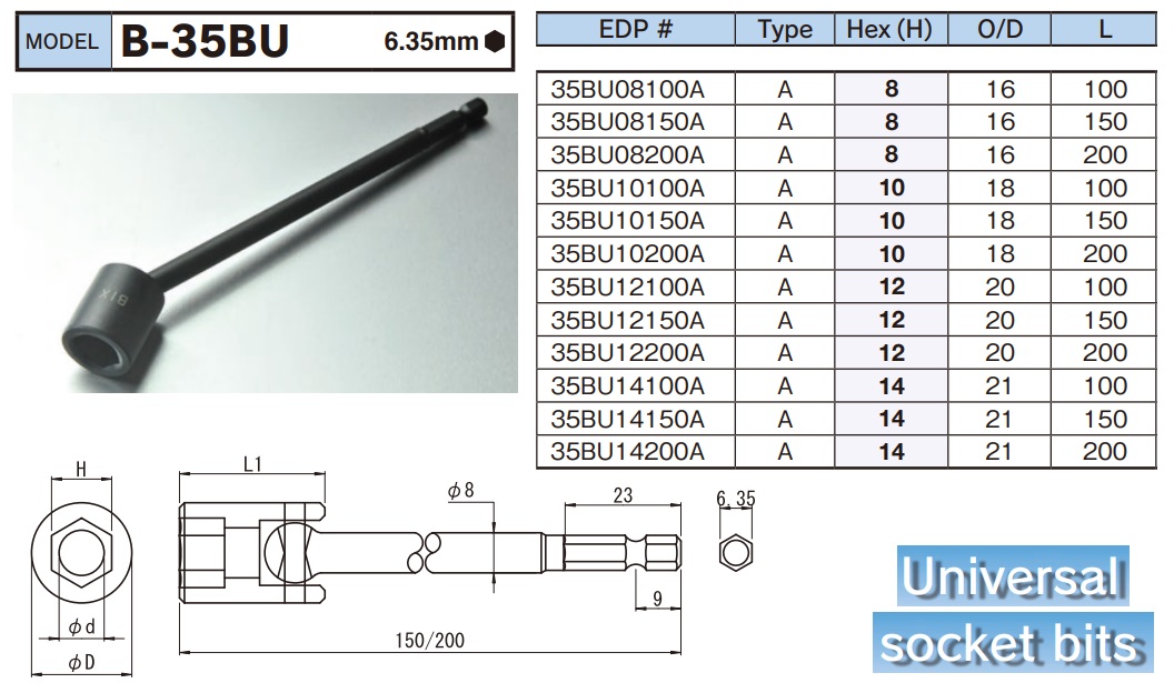 Đầu bit vặn bu lông, BiX B35BU, đầu lắc léo, không có lò xo định vị