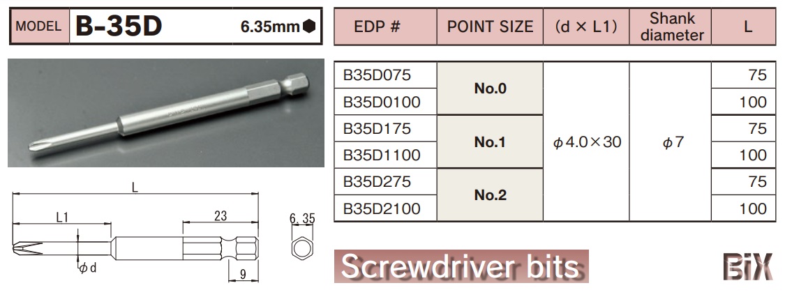 Mũi bits tô vít 4 cạnh, đầu bits tô vít, đầu bits chiều dài 75mm, đuôi lục giác cỡ 6.35mm, B-35D BIX Nhật bản