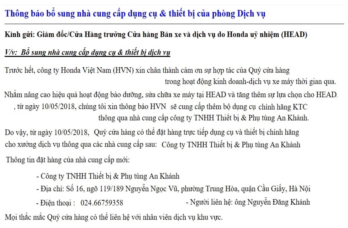 An Khánh phân phối KTC cho HEAD, Honda lựa chọn An Khánh cung cấp KTC cho HEAD