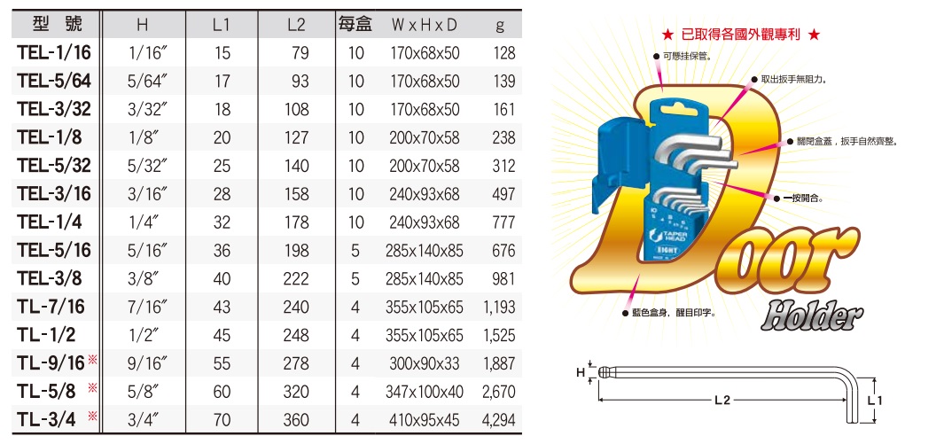 Lục giác hệ inch, Eight TEL-S9ZD, bộ lục giác hệ inch 9 cỡ