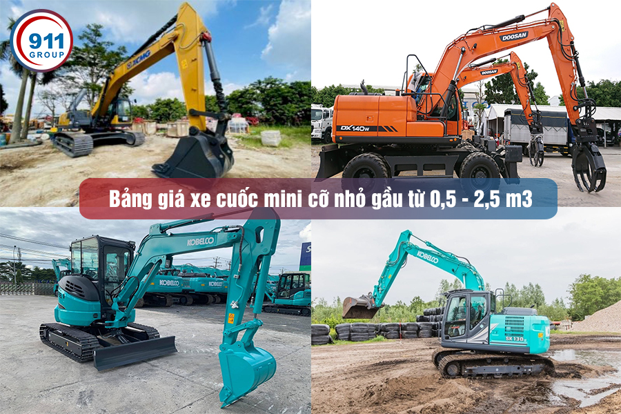 Bảng giá xe cuốc mini cỡ nhỏ gầu từ 0,5 - 2,5 m3