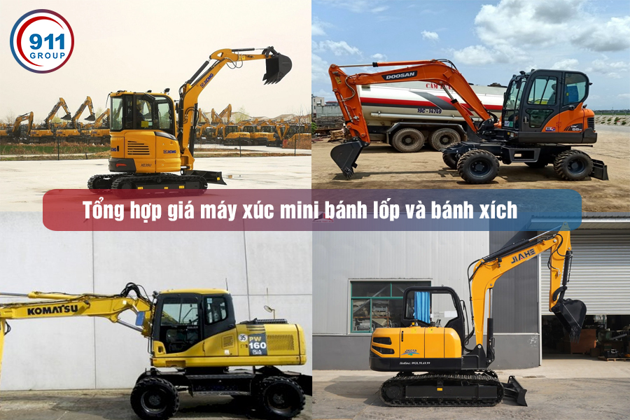 Tổng hợp giá máy xúc mini bánh lốp và bánh xích