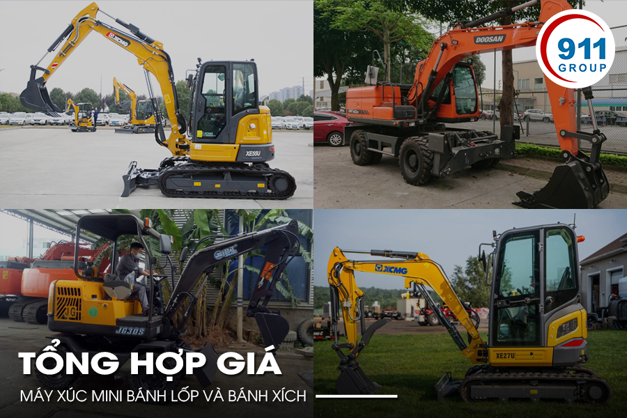 Tổng hợp giá máy xúc mini bánh lốp và bánh xích