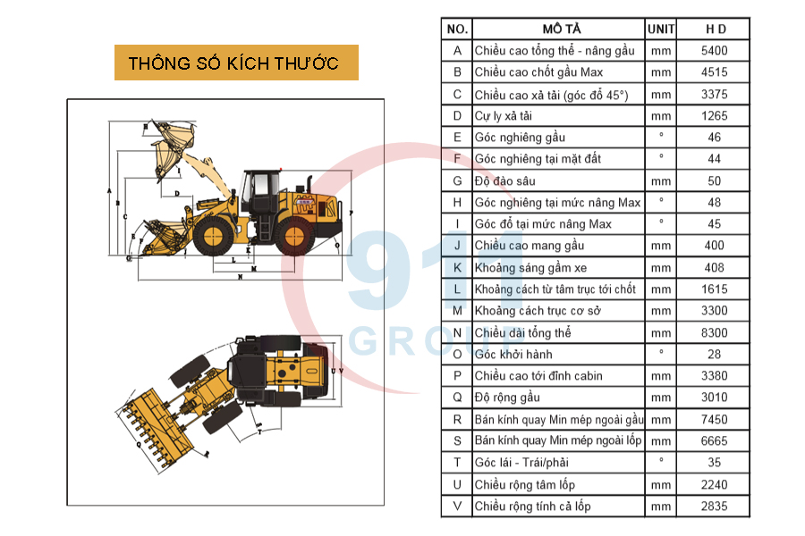 Thông số kích thước của máy xúc lật LONKING ZL50NC