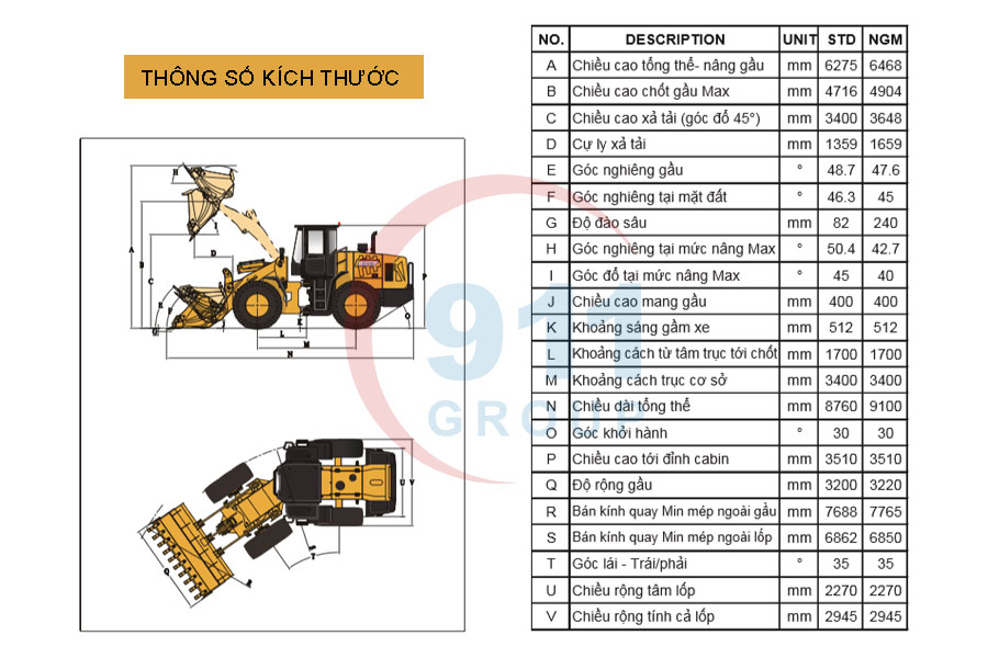 Thông số kích thước máy xúc lật LONKING LG863N