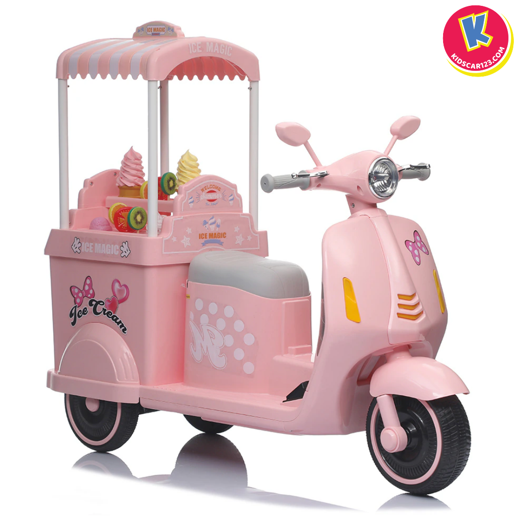 Mặt trước xe điện vespa cho bé với cụm đèn pha bo tròn