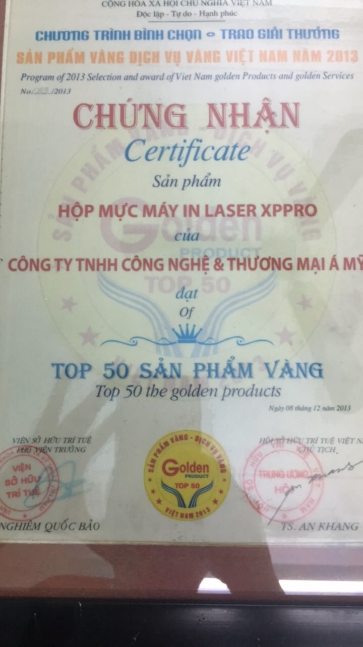 chứng nhận hộp mực in Xppro thuộc tóp 50 sản phẩm Vàng