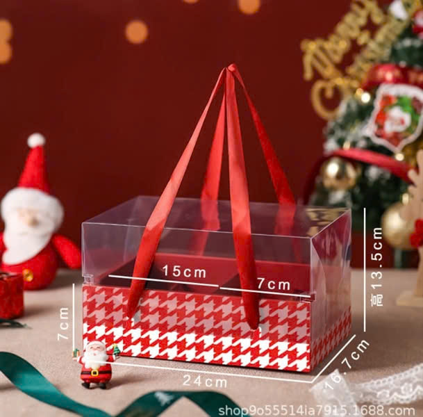Hộp giáng sinh Noel quai xách màu đỏ kẻ dạ