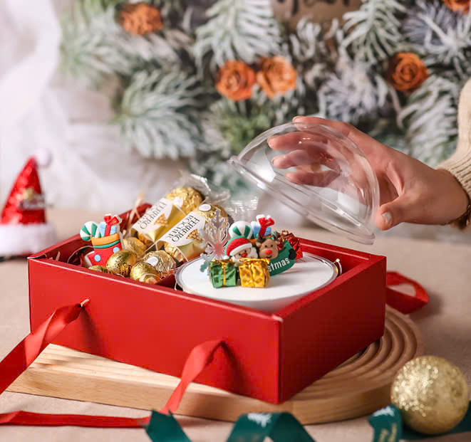 Hộp giáng sinh Noel quai xách màu đỏ kẻ dạ