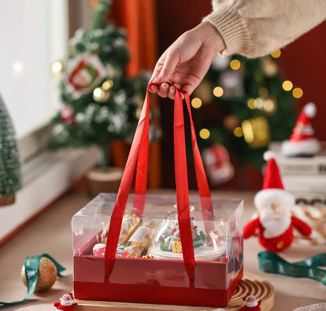 Hộp giáng sinh Noel quai xách màu đỏ kẻ dạ