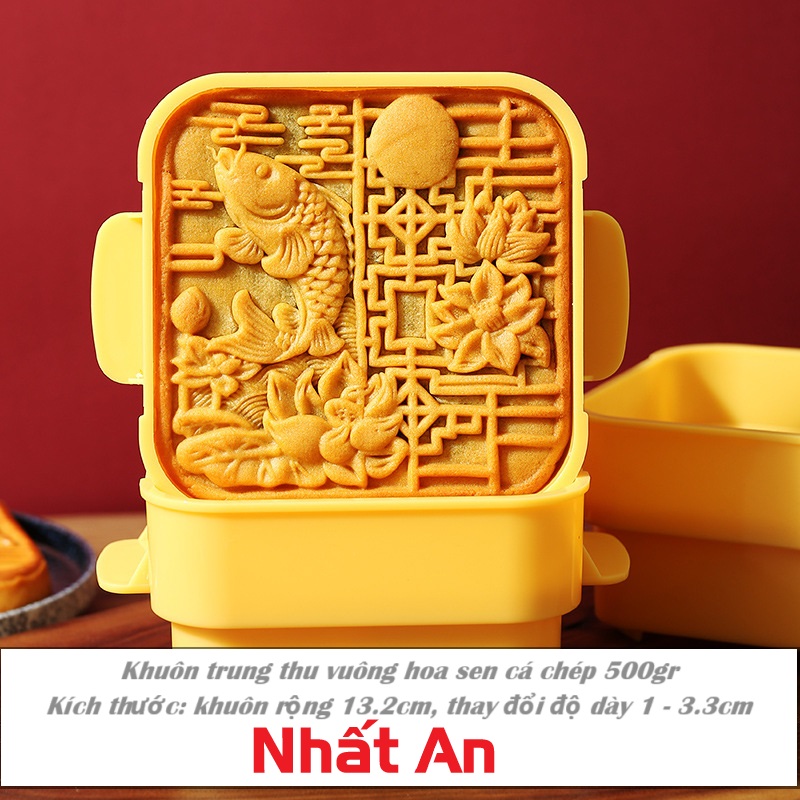 Khuôn Trung thu vuông hoa sen cá chép 500gr