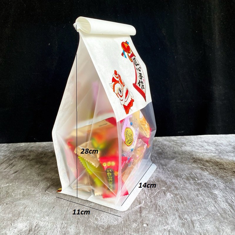 Túi dây gài màu trắng họa tiết múa lân - Size trung