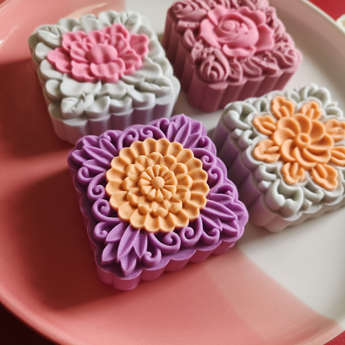 Khuôn trung thu vuông 4 mặt hoa 3D 150gr - 180gr