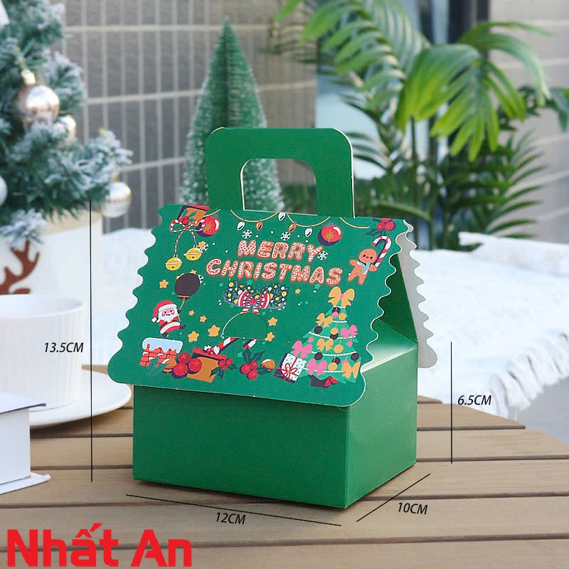 Hộp giấy đựng bánh kẹo giáng sinh Noel hình ngôi nhà màu xanh