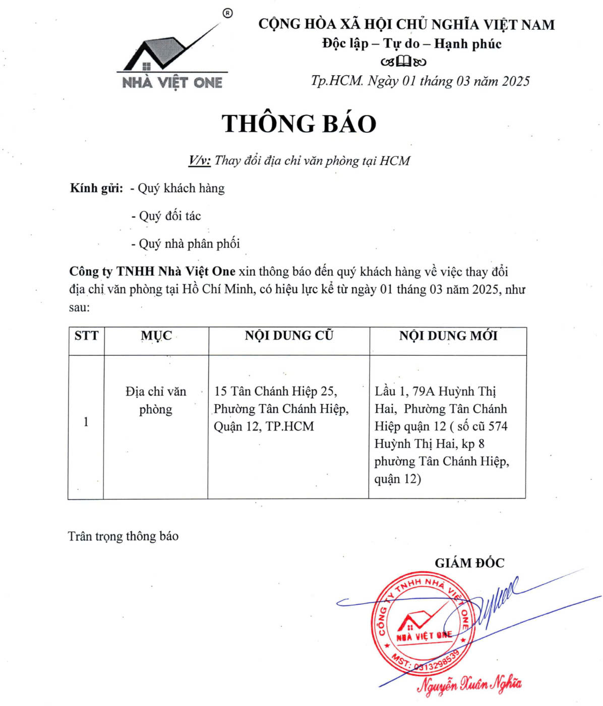 Thông Báo Thay Đổi Địa Chỉ Phòng Bán Hàng & Trung Tâm Kỹ Thuật Tại Tp.HCM