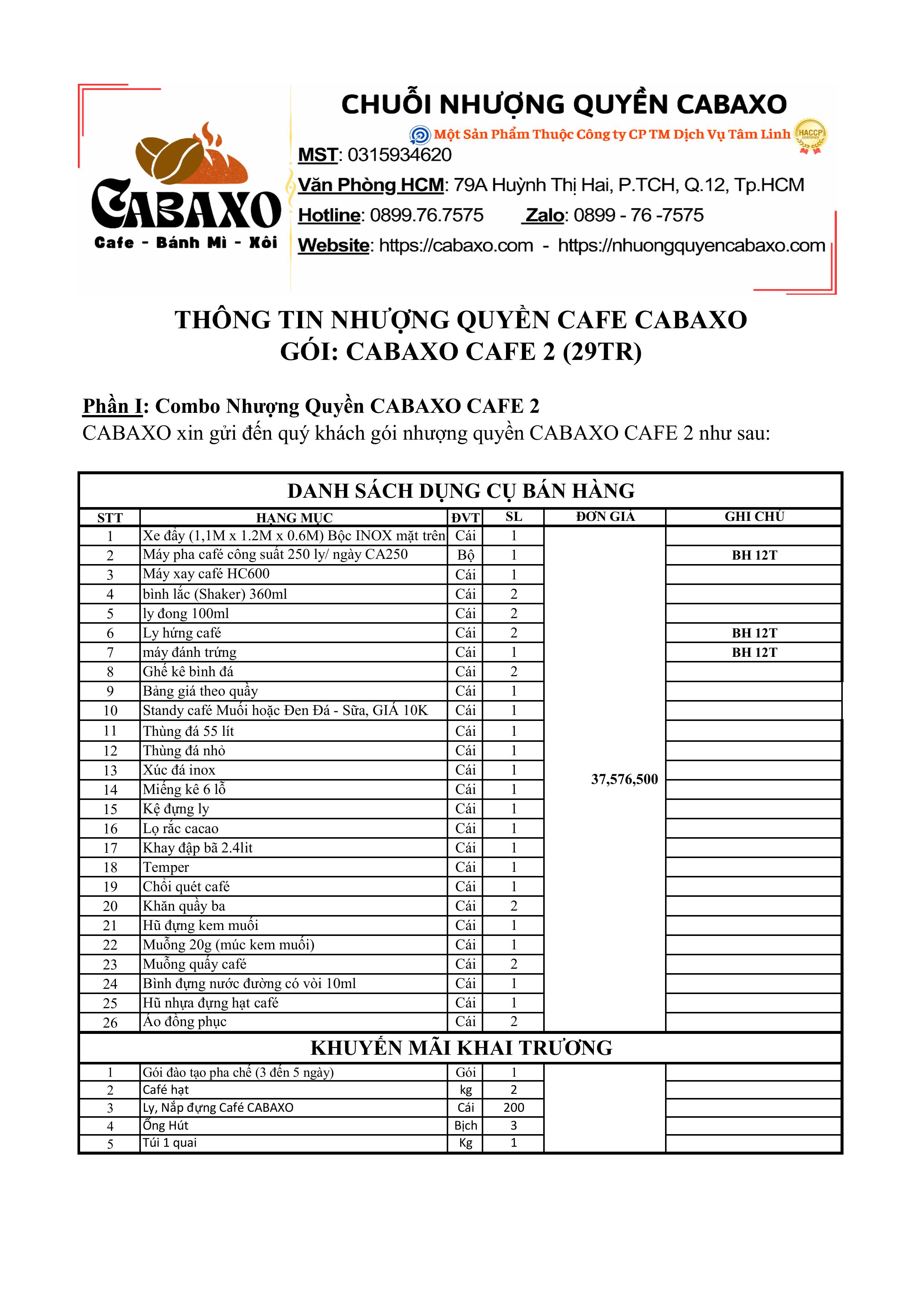 Gói Nhượng Quyền CAFE CABAXO 2