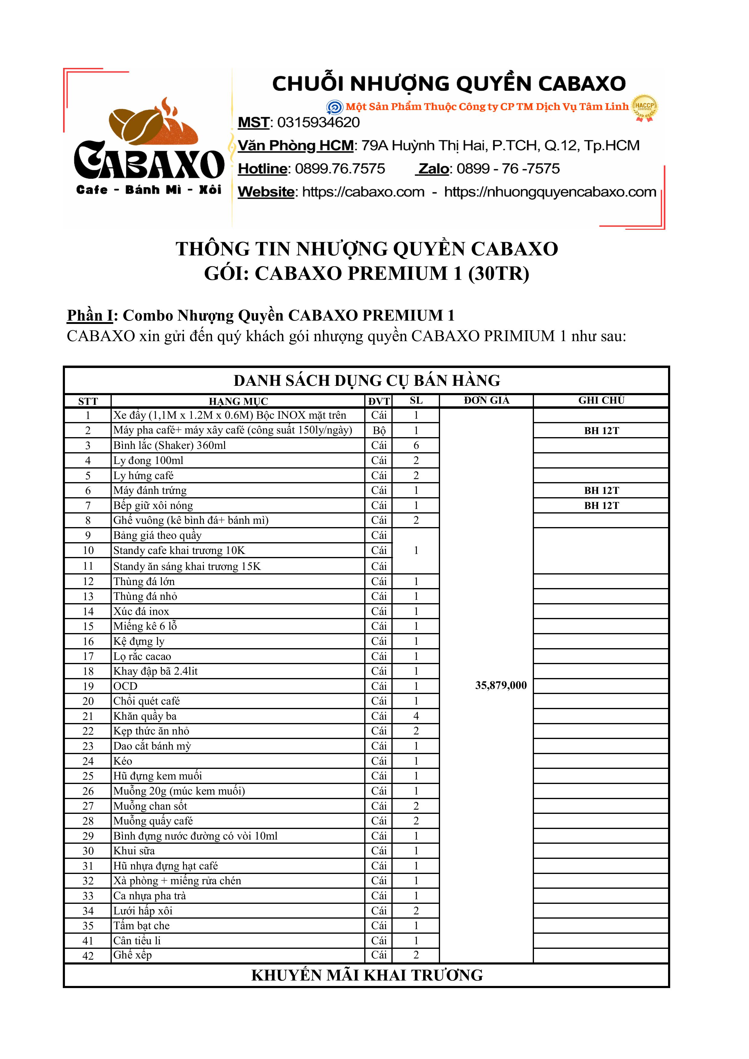 Gói Nhượng Quyền CABAXO PREMIUM 1