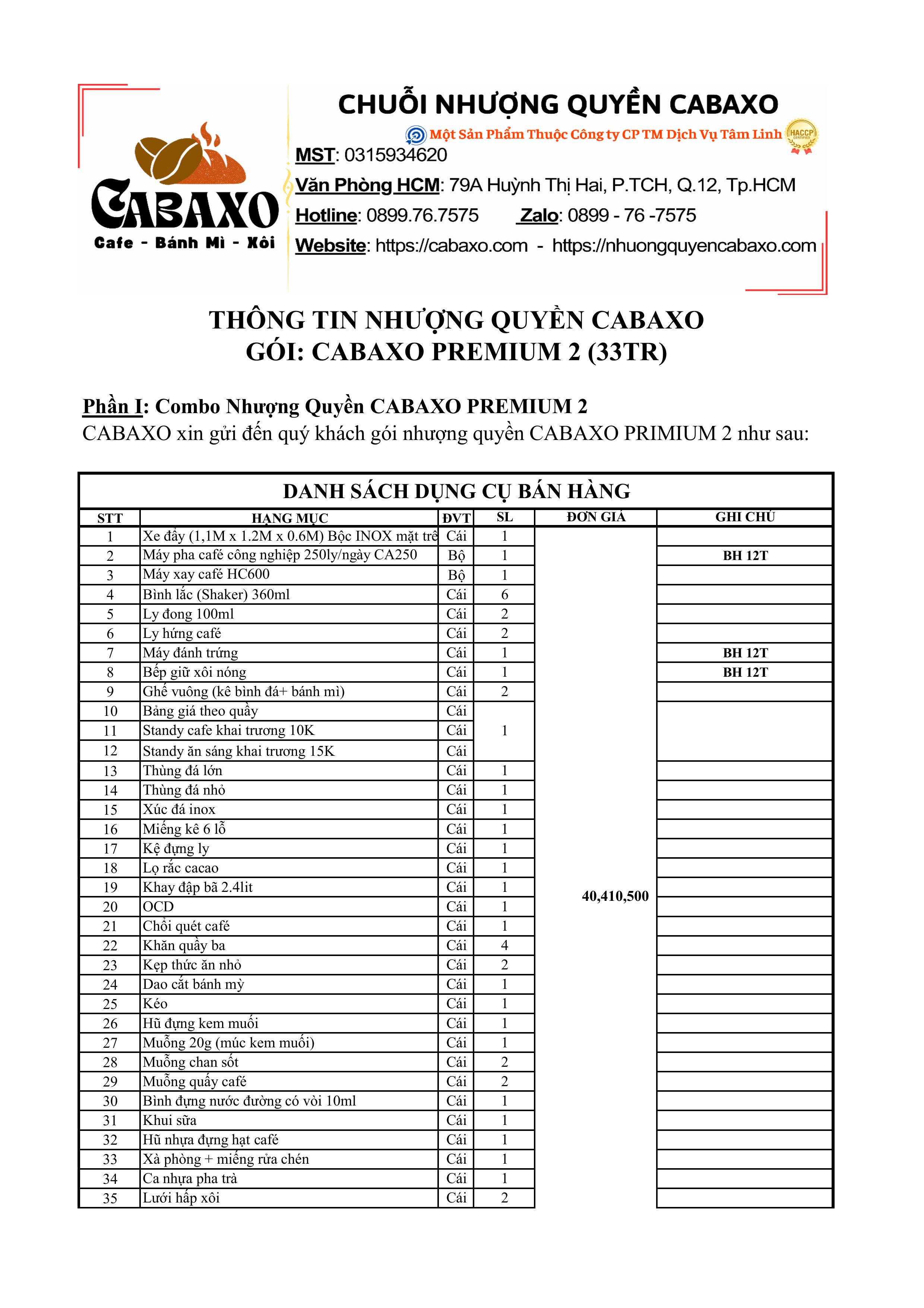 Gói Nhượng Quyền CABAXO PREMIUM 2