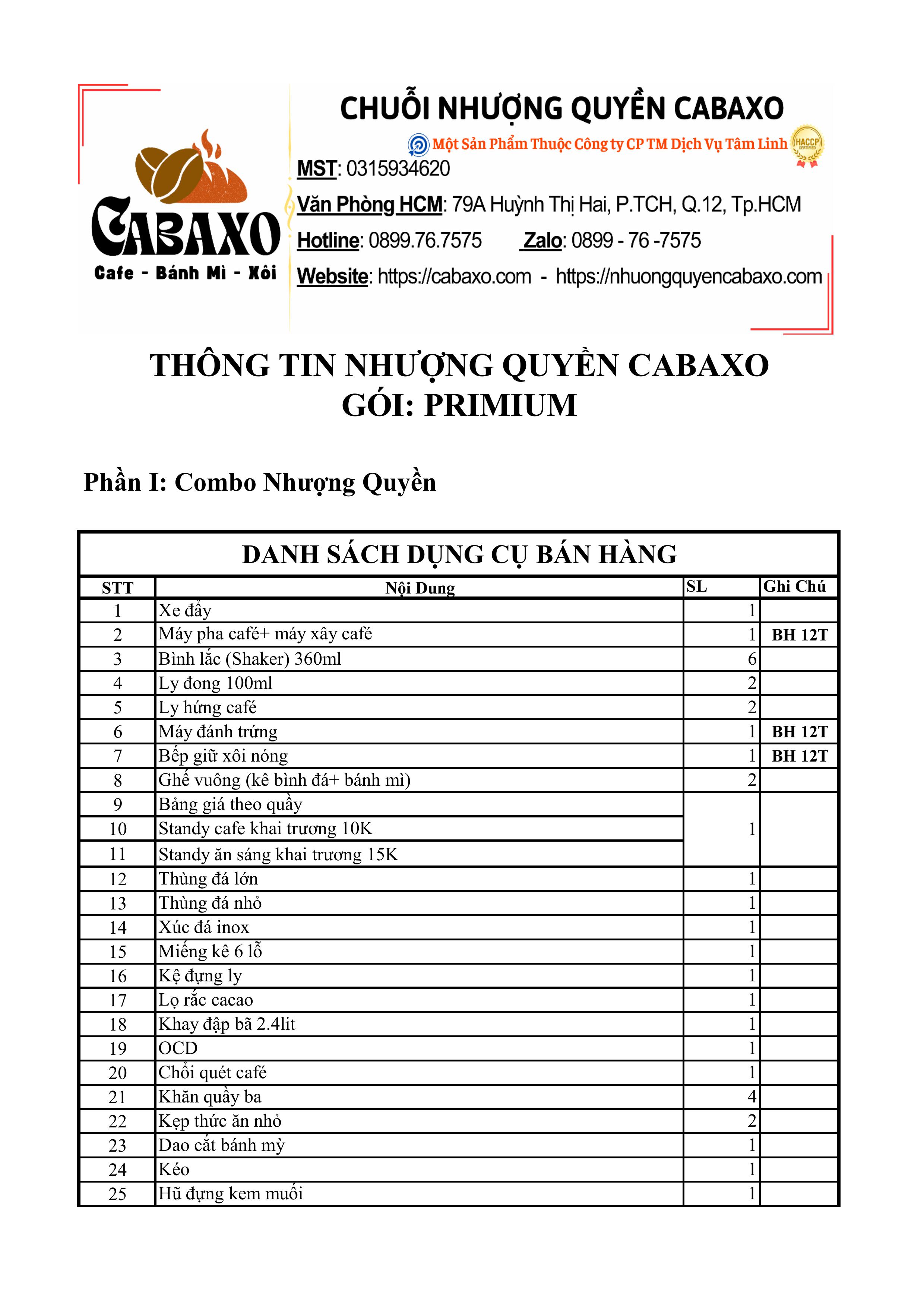 Gói Nhượng Quyền CABAXO PRIMIUM