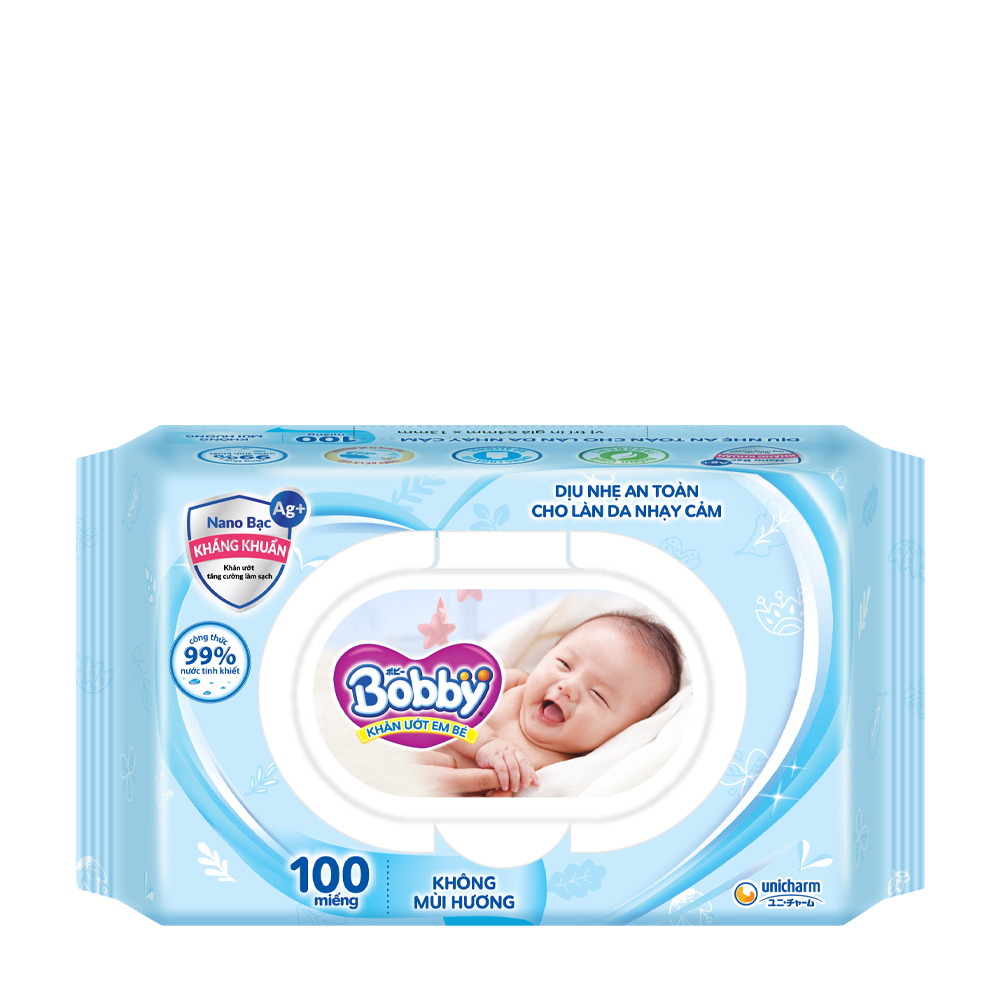 Khăn ướt Bobby dịu nhẹ cho da nhạy cảm không mùi gói 100 miếng