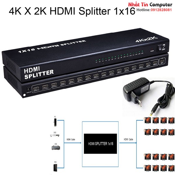 Bộ chia hdmi 1 ra 16 cổng hỗ trợ 3D, 4K - 1x16 HDMI Splitter chính Hãng