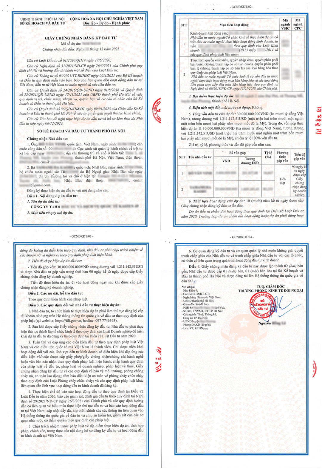 Giấy chứng nhận đầu tư minh họa