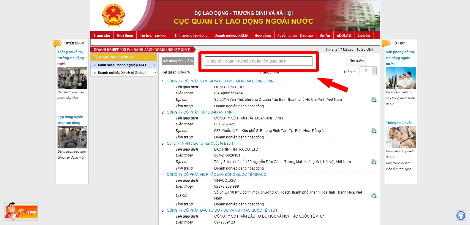 Trang tra cứu doanh nghiệp xuất khẩu lao động