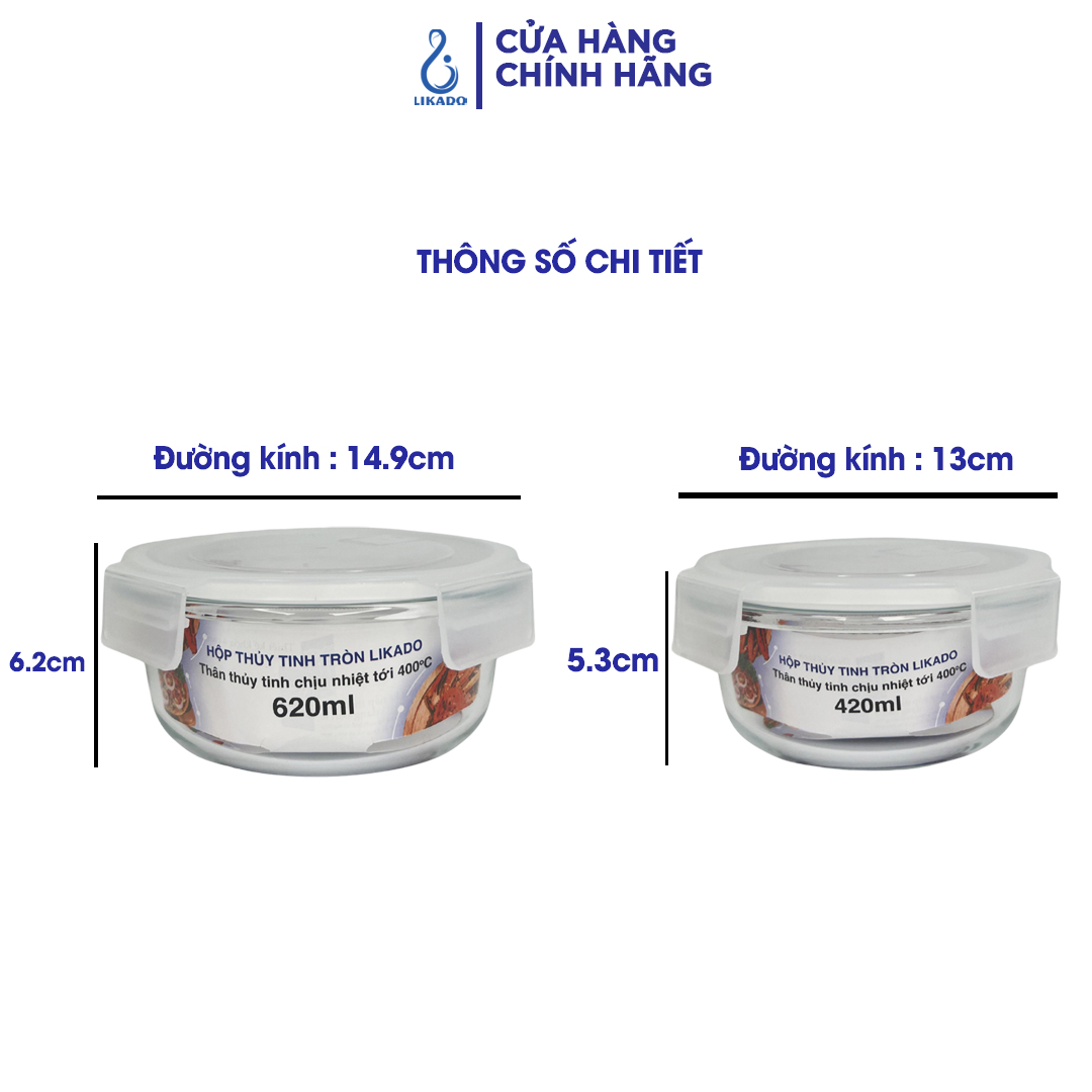 Hộp thủy tinh tròn Likado chịu nhiệt, nắp đậy kín, dùng được trong lò vi sóng