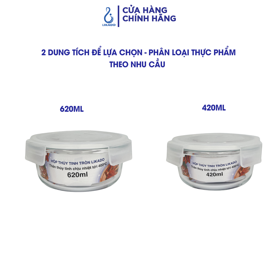 Hộp thủy tinh tròn Likado chịu nhiệt, nắp đậy kín, dùng được trong lò vi sóng