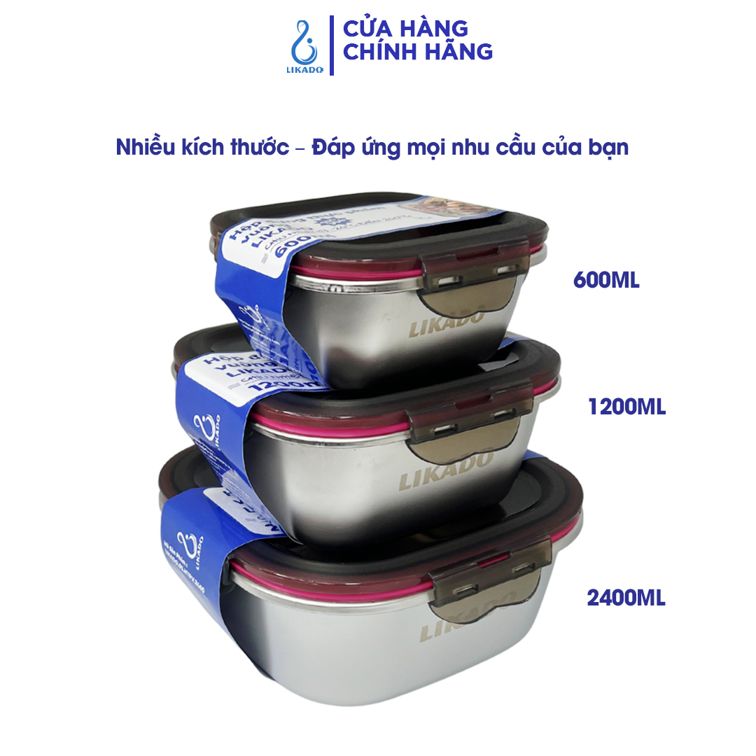 Hộp thực phẩm vuông Likado inox 304 dung tích 600ml, 1200ml, 2400ml