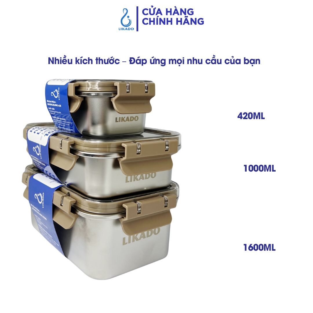 Hộp thực phẩm Likado inox 304 nắp gài trong suốt dung tích 420ml, 1000ml, 1600ml