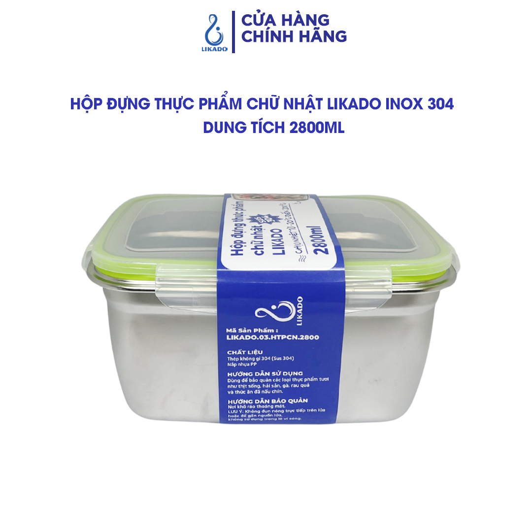 Hộp thực phẩm chữ nhật Likado inox 304 dung tích 350ml, 550ML, 850ml, 2800ml