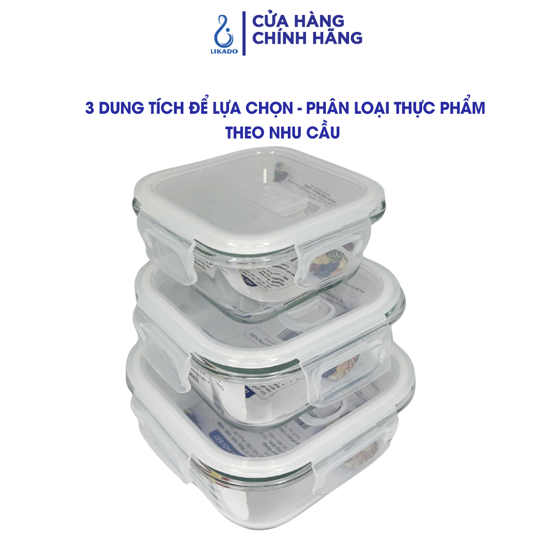 Hộp thủy tinh vuông Likado chịu nhiệt, nắp đậy kín, dùng được trong lò vi sóng