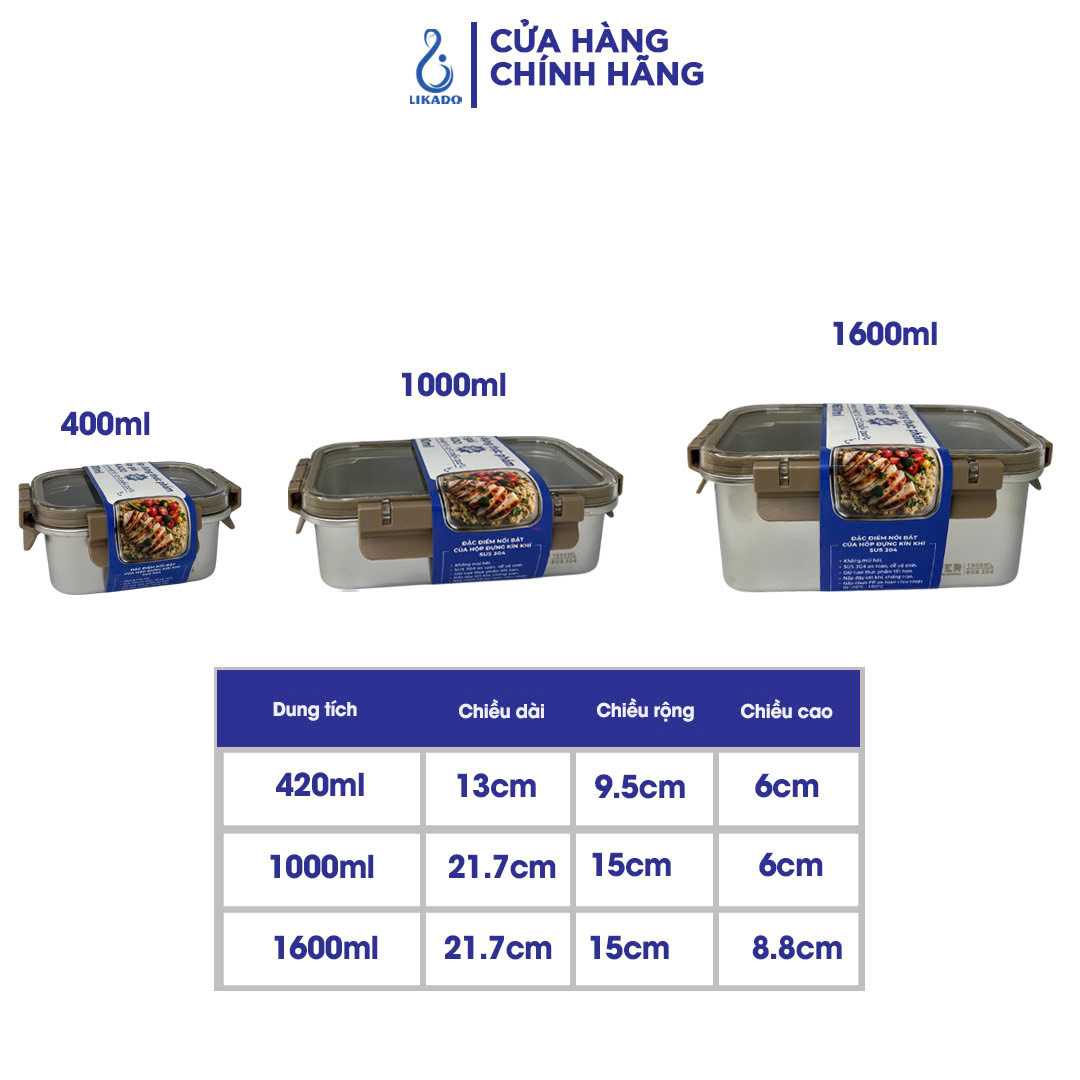 Hộp thực phẩm Likado inox 304 nắp gài trong suốt dung tích 420ml, 1000ml, 1600ml