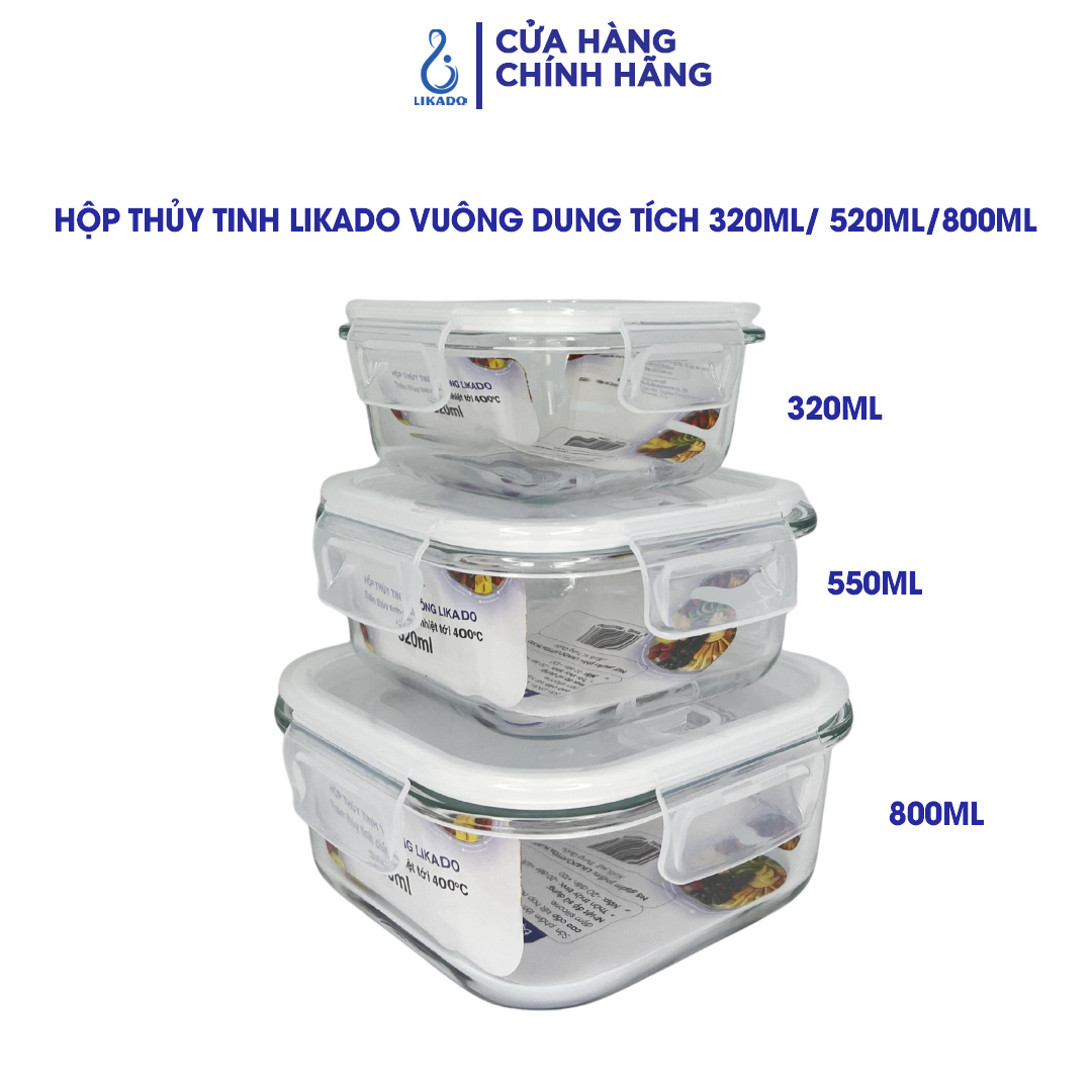 Hộp thủy tinh vuông Likado chịu nhiệt, nắp đậy kín, dùng được trong lò vi sóng