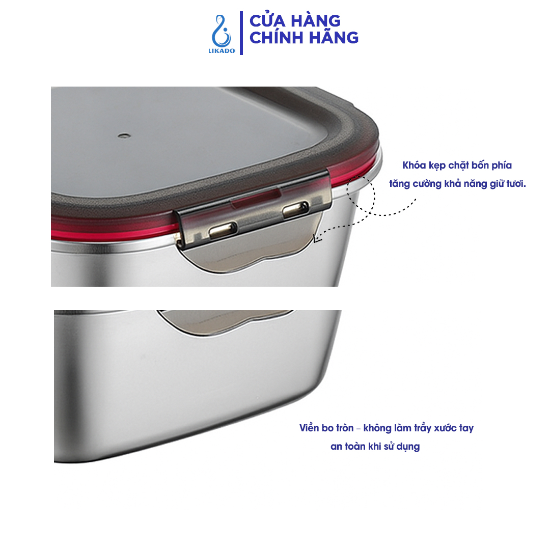 Hộp thực phẩm vuông Likado inox 304 dung tích 600ml, 1200ml, 2400ml