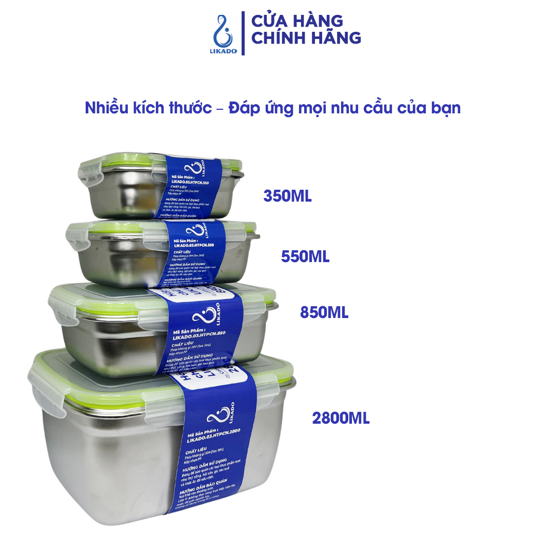 Hộp thực phẩm chữ nhật Likado inox 304 dung tích 350ml, 550ML, 850ml, 2800ml