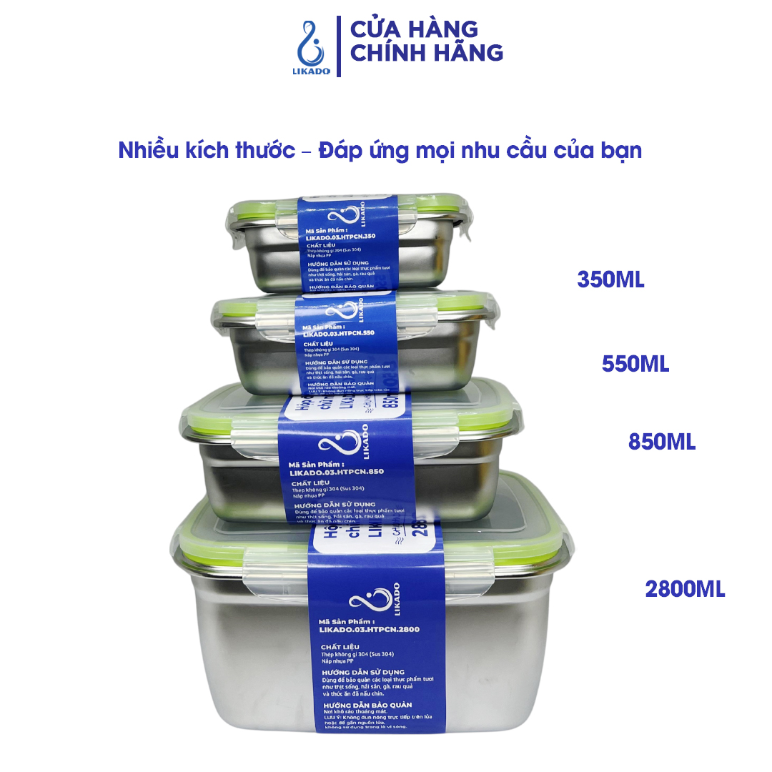 Hộp thực phẩm chữ nhật Likado inox 304 dung tích 350ml, 550ML, 850ml, 2800ml
