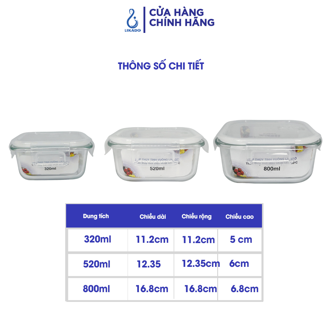 Hộp thủy tinh vuông Likado chịu nhiệt, nắp đậy kín, dùng được trong lò vi sóng