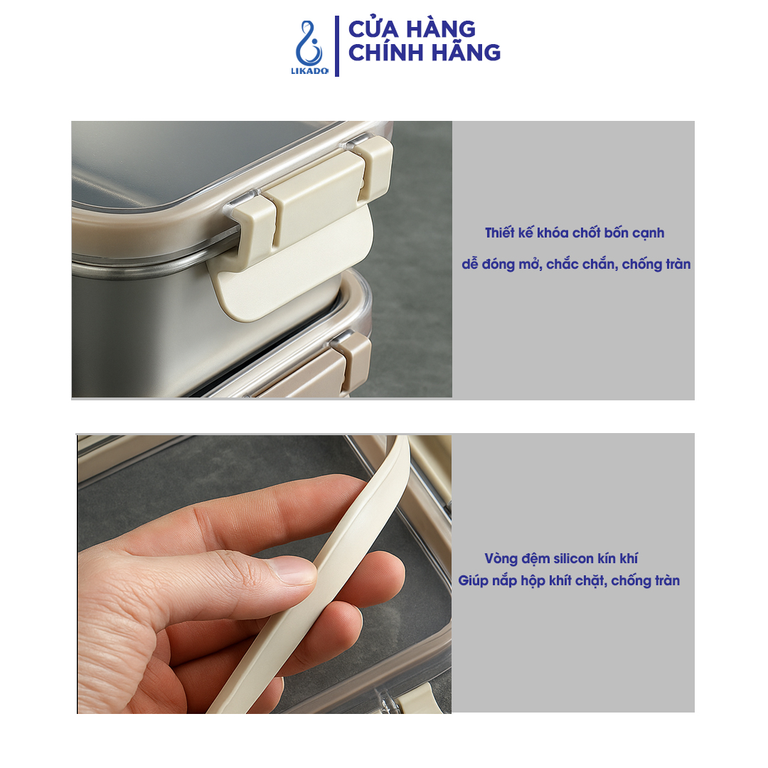 Hộp thực phẩm Likado inox 304 nắp gài trong suốt dung tích 420ml, 1000ml, 1600ml