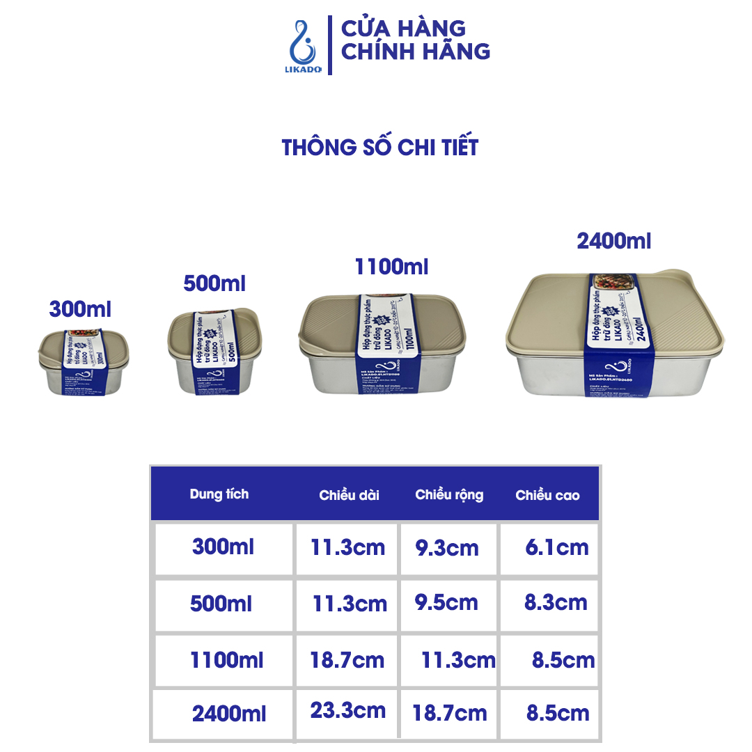 Hộp thực phẩm trữ đông Likado inox 304 nắp thông hơi dung tích 300ml, 500ml, 1100ml, 2400ml