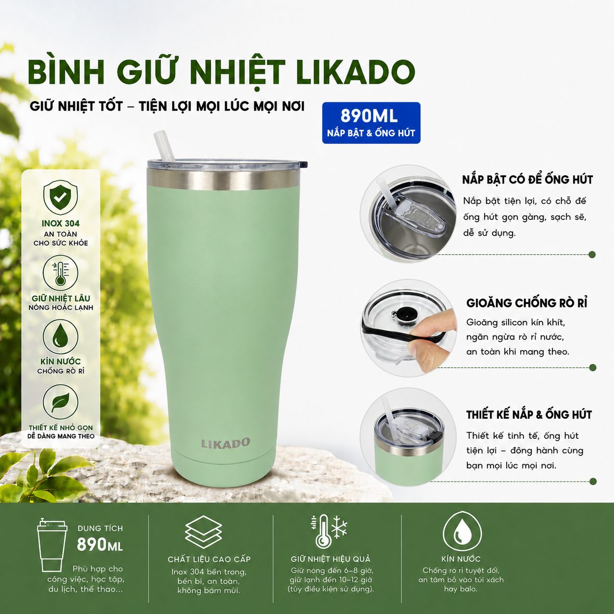 Bình giữ nhiệt Likado inox 304 nắp bật  ống hút dung tích 890ml