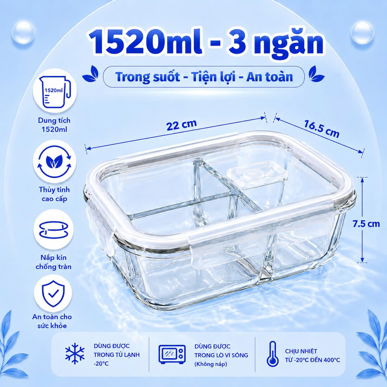 Hộp thủy tinh chữ nhật Likado chịu nhiệt, nắp đậy kín, dùng được trong lò vi sóng