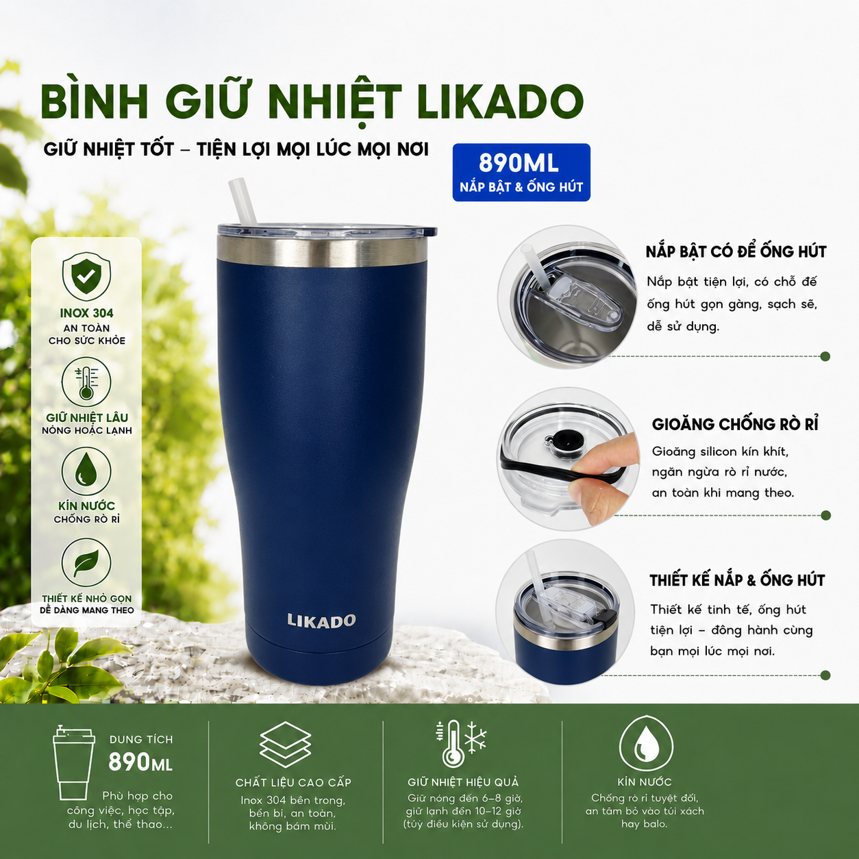 Bình giữ nhiệt Likado inox 304 nắp bật  ống hút dung tích 890ml