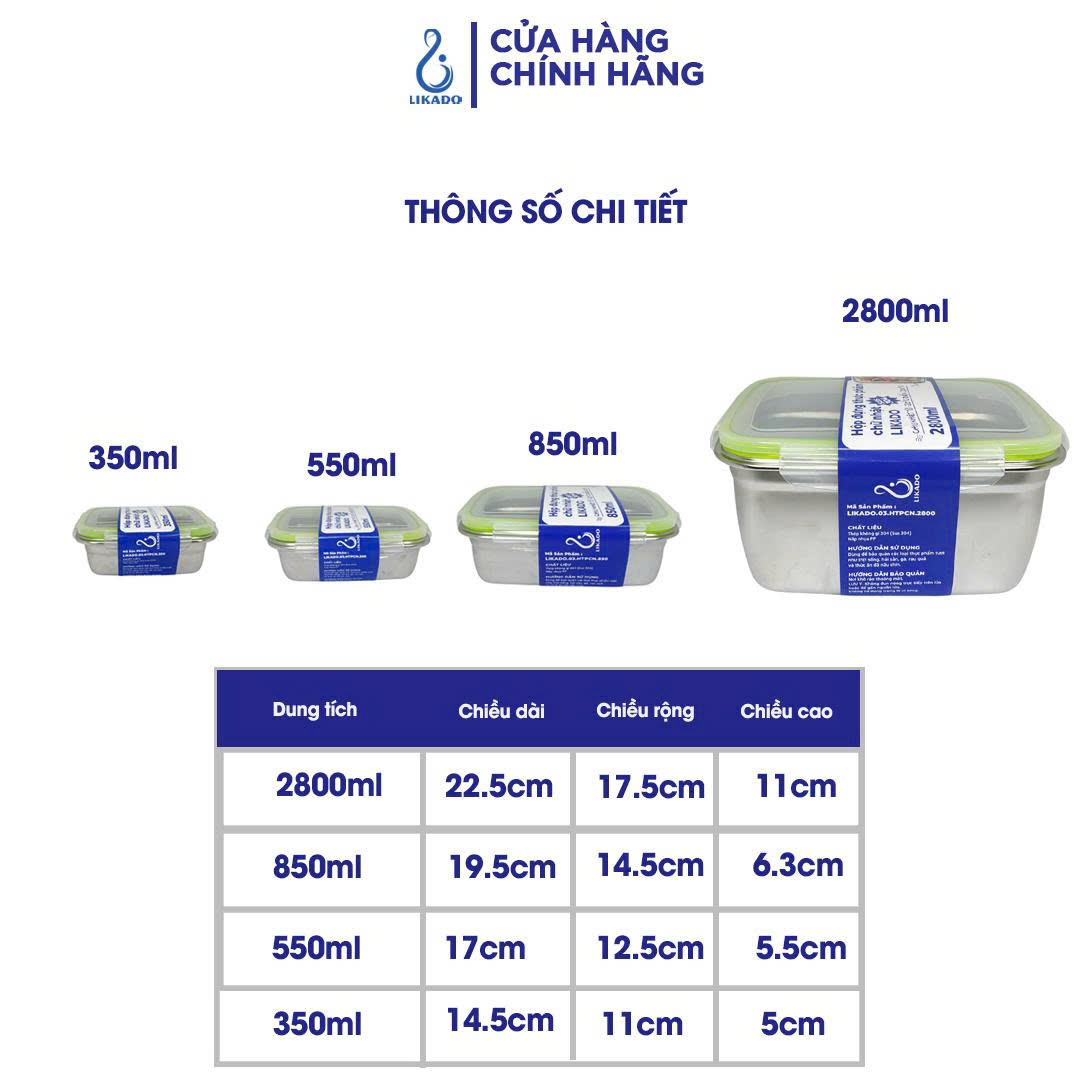 Hộp thực phẩm chữ nhật Likado inox 304 dung tích 350ml, 550ML, 850ml, 2800ml